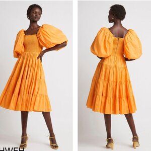 Marigold orange puff sleeve midi dress - 100% cotton
